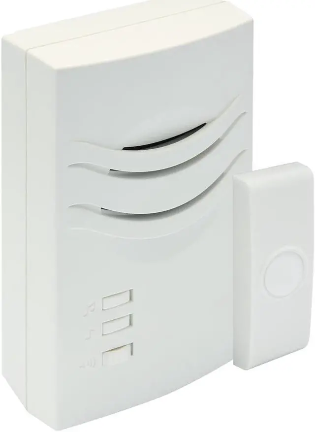 Main image of IQ America WD1150 Wireless Plugin Contemporary Door Chime Door Bell 1 Pushbutton 3 Melody Notes Westminster Chime Volume Control 150 foot Range Simple Install Use Anywhere RV Cabin Office! White
