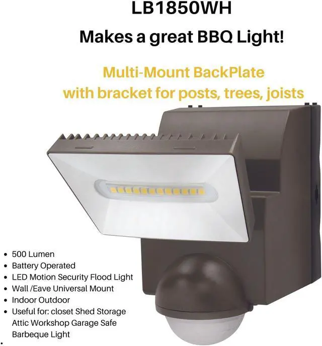 Alt view image 5 of 5 - IQ America LB1850BZ 500 Lumen Battery Operated LED Motion Security Flood Light Wall Eave Universal Mount Indoor Outdoor Closet Shed Storage Attic Workshop Garage Barbeque Safe Light Bronze - OEM