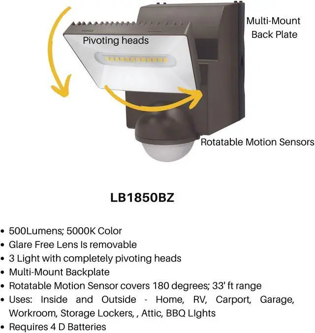 Alt view image 3 of 5 - IQ America LB1850BZ 500 Lumen Battery Operated LED Motion Security Flood Light Wall Eave Universal Mount Indoor Outdoor Closet Shed Storage Attic Workshop Garage Barbeque Safe Light Bronze - OEM