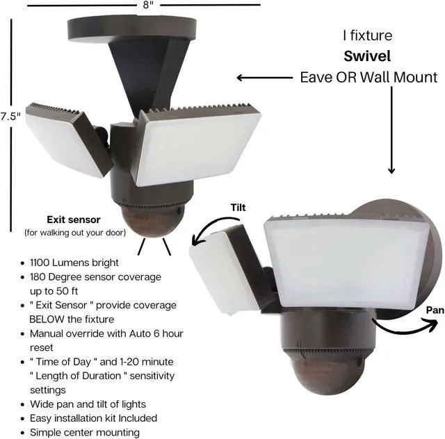 Alt view image 5 of 5 - IQ America LM1811 Motion Security Flood Light Eave/Soffit or Wall Universal Mount 1100 Lumen LED Outdoor Weatherproof Motion Sensor, 180° 50' Detection, Yard Barn Shed Workshop Garage Light WH Bronze