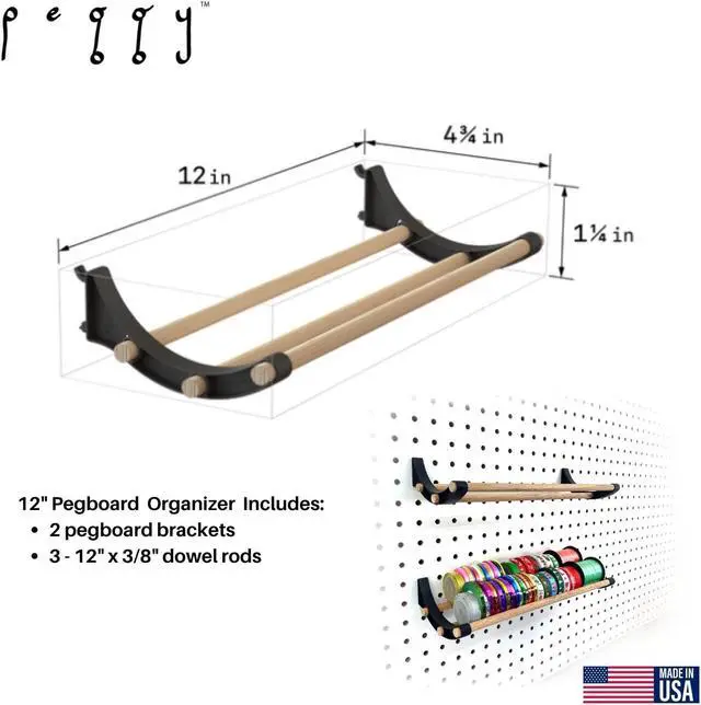 Alt view image 3 of 7 - Peggy Pegboard Accessory Hook and Dowel Organizer Storage for Tape, Steel Wire Spools, Ribbon, Crafts, Hobby, 12 kit 6 PACK