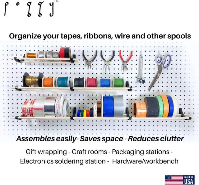 Alt view image 2 of 7 - Peggy Pegboard Accessory Hook and Dowel Organizer Storage for Tape, Steel Wire Spools, Ribbon, Crafts, Hobby, 12 kit 6 PACK