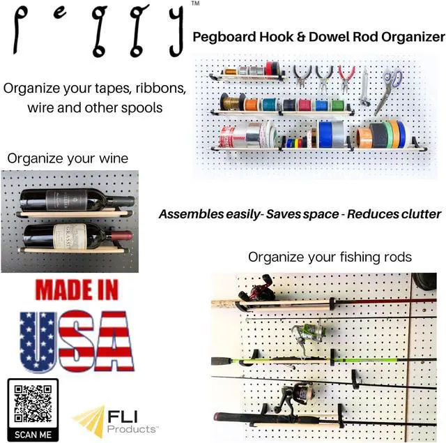 Alt view image 7 of 7 - Peggy Pegboard Accessory Hook and Dowel Organizer Storage for Tape, Steel Wire Spools, Ribbon, Crafts, Hobby, 12 kit 6 PACK