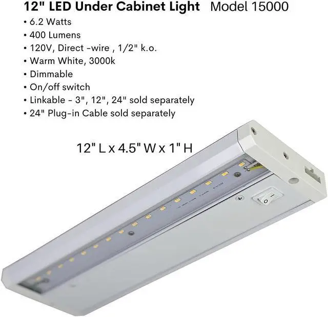 Alt view image 2 of 7 - FLI 12 inch LED Under Cabinet Surface Mount Task Light, Direct Wire, Switch, Dimmable, Linkable, 400 Lumens, 3000K Warm White, 120V, 6.2 Watts, CUL listed, Energy Star Rated