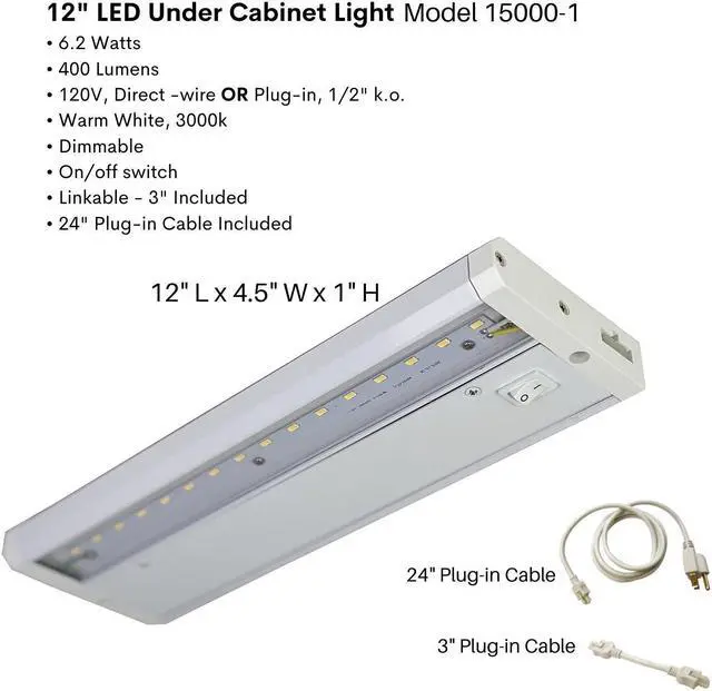 Alt view image 2 of 7 - LED Under Cabinet Task Light, Direct Wire or Plug-in + connector, Switch ,Dimmable, Linkable, 400 Lumens, 3000K Warm White, 6.2 Watts, CUL and E-Star listed, 12"