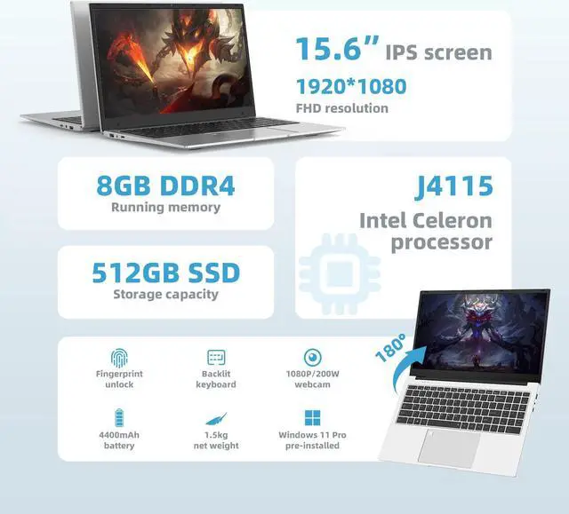 Alt view image 2 of 7 - JUSTTHINK 15.6" Laptop 8GB DDR4 RAM/512GB SSD,1080P FHD Screen Intel Celeron J4115 Laptop with Full Size Backlit Keyboard with Fingerprint,2.4/5G WiFi,Bluetooth 4.2