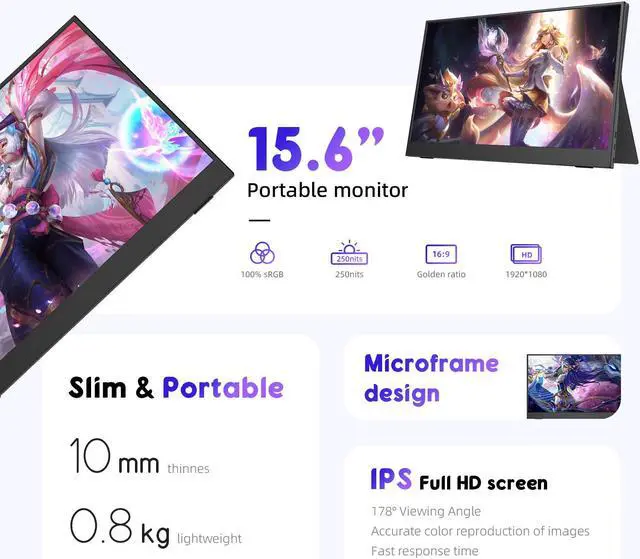 Alt view image 2 of 7 - JUSTTHINK Portable Monitor 15.6 Inch FHD 1080P Screen Connect USB Type-C HDMI Second Screen Built-in Dual Speakers Laptop Monitor Display for Laptop Desktop Phones Tablet PS5/4 Xbox Switch