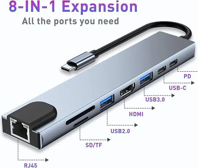 Alt view image 2 of 7 - USB C HUB, 8 in 1 USB C Adapter with 4K HDMI, 100W PD, USB C Port, USB 3.0, RJ45 Ethernet, SD/TF Card Reader, Docking Station Compatible with MacBook Pro/Air USB C Laptops and Other Type C Devices