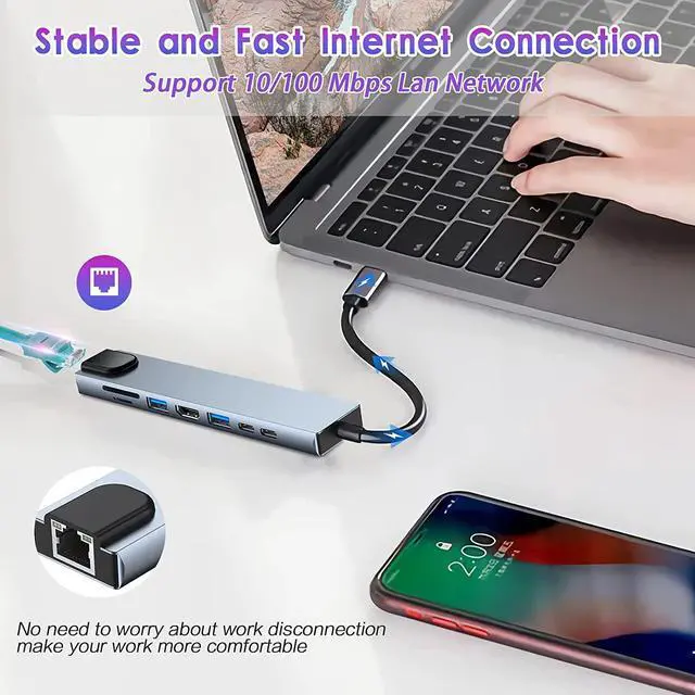 Alt view image 5 of 7 - USB C HUB, 8 in 1 USB C Adapter with 4K HDMI, 100W PD, USB C Port, USB 3.0, RJ45 Ethernet, SD/TF Card Reader, Docking Station Compatible with MacBook Pro/Air USB C Laptops and Other Type C Devices