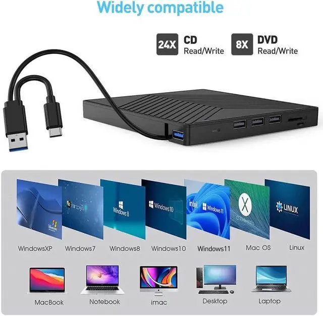 Alt view image 5 of 7 - External CD DVD Drive, Ultra Slim CD Burner USB 3.0 with 4 USB Ports and 2 TF/SD Card Slots, Optical Disk Drive for Laptop Mac, PC Windows 11/10/8/7 Linux OS