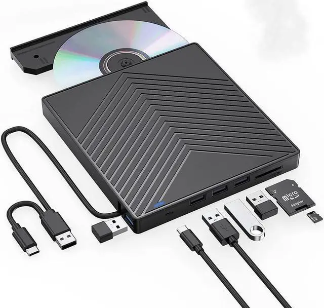 Alt view image 2 of 7 - External CD DVD Drive, Ultra Slim CD Burner USB 3.0 with 4 USB Ports and 2 TF/SD Card Slots, Optical Disk Drive for Laptop Mac, PC Windows 11/10/8/7 Linux OS