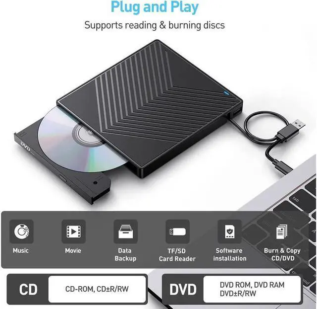 Alt view image 4 of 7 - External CD DVD Drive, Ultra Slim CD Burner USB 3.0 with 4 USB Ports and 2 TF/SD Card Slots, Optical Disk Drive for Laptop Mac, PC Windows 11/10/8/7 Linux OS
