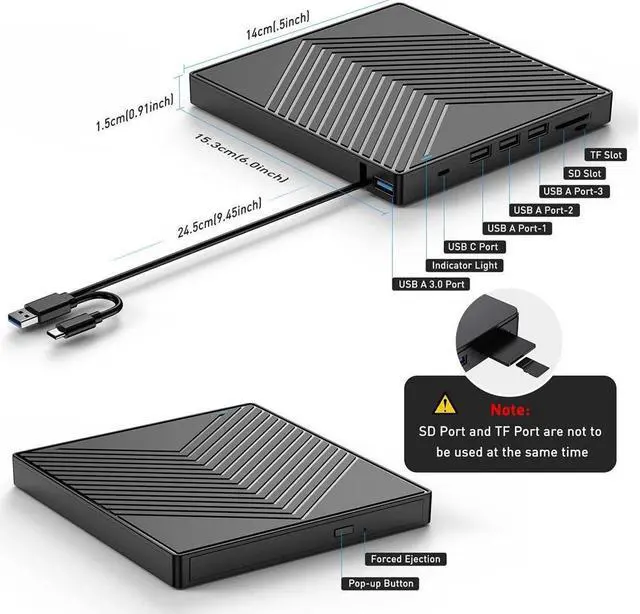Alt view image 6 of 7 - External CD DVD Drive, Ultra Slim CD Burner USB 3.0 with 4 USB Ports and 2 TF/SD Card Slots, Optical Disk Drive for Laptop Mac, PC Windows 11/10/8/7 Linux OS
