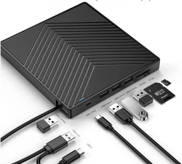 Main image of External CD DVD Drive, Ultra Slim CD Burner USB 3.0 with 4 USB Ports and 2 TF/SD Card Slots, Optical Disk Drive for Laptop Mac, PC Windows 11/10/8/7 Linux OS