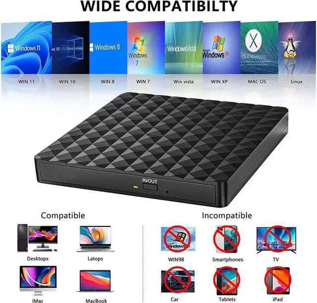 Alt view image 2 of 6 - USB 3.0 & USB C External CD DVD Drive, Low Noise Slim Portable CD/DVD +/-RW Drive External DVD Writer CD Burner Player, External DVD Drive for Laptop Desktop PC Windows 11/10/8/7/XP/Linux/MacOS
