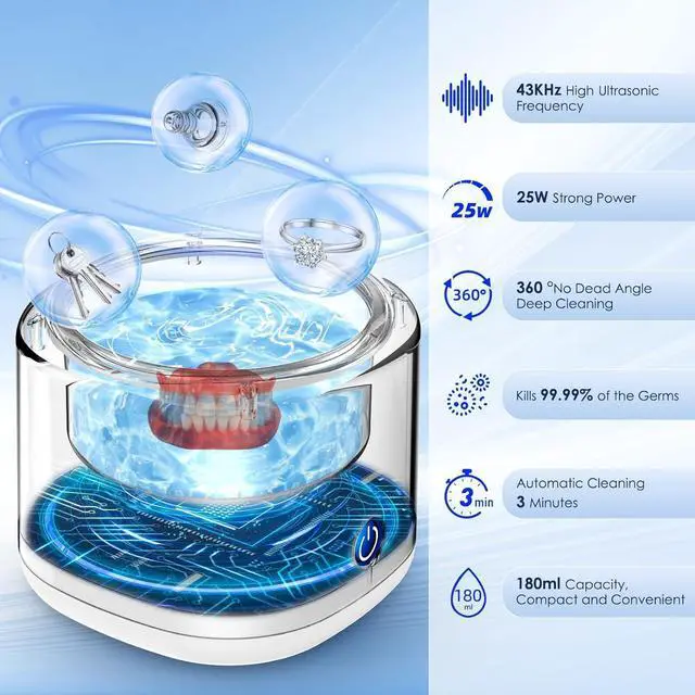 Alt view image 2 of 7 - Raymmnod Ultrasonic Cleaner for Dentures, Invisalign, Mouth Guard, Aligner, Whitening Trays, 43kHz 180ML Portable Ultrasonic Jewelry Cleaner Ultrasonic Retainer Cleaner for Home and Travel Use
