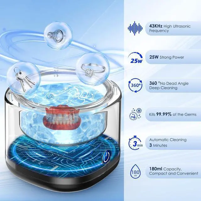 Alt view image 2 of 7 - Raymnmod Ultrasonic Cleaner for Dentures, Invisalign, Mouth Guard, Aligner, Whitening Trays, 43kHz 180ML Portable Ultrasonic Jewelry Cleaner Ultrasonic Retainer Cleaner for Home and Travel Use Black