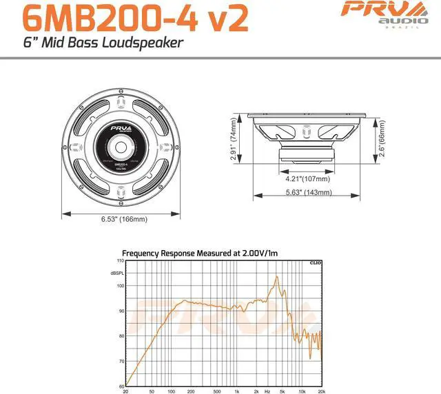 Alt view image 10 of 13 - prv audio 6mb2004 v2 6" mid bass 4 ohms pro audio speaker 93.5db 100 watts rms 1.5" vc