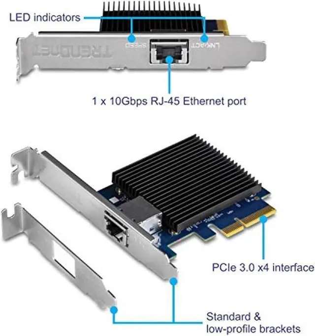 Alt view image 2 of 5 - TRENDnet 10 Gigabit PCIe Network Adapter, TEG-10GECTX, Converts a PCIe Slot into a 10G Ethernet Port, Supports 802.1Q Vlan, Includes Standard and Low-Profile Brackets, Windows/Server, (TEG-10GECTX)