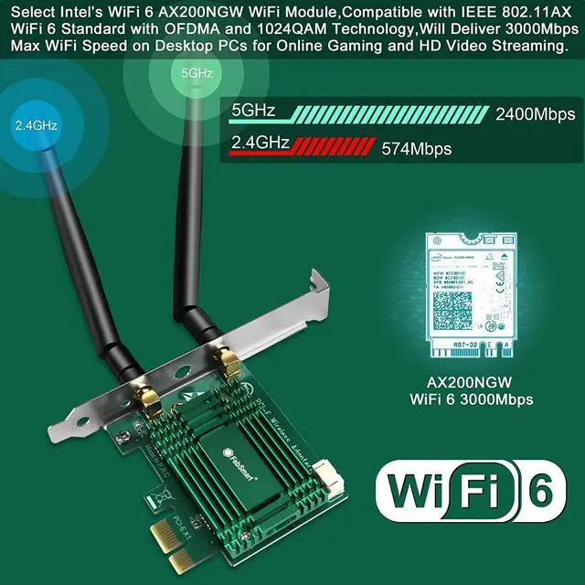 Alt view image 4 of 7 - WiFi 6 PCIE Wireless Network Adapter for Windows 11, 10 64bit, Linux Kernel 5.1+ Desktop PCs, for Gaming and Video Streaming, 2.4GHz 574Mbps and 5GHz 2400Mbps, Intel WiFi 6 AX200NGW (AX3000)