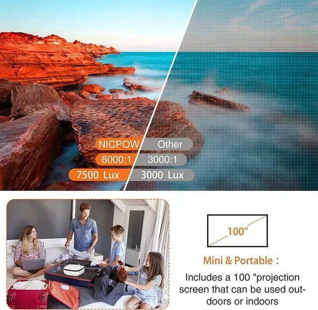 Alt view image 2 of 6 - Outdoor Projector, Mini Projector with 100" Screen, 1080P and 240" Supported Movie Projector 7500 L Portable Home Video Projector Compatible with Smartphone/TV Stick/PS5/PC/Laptop