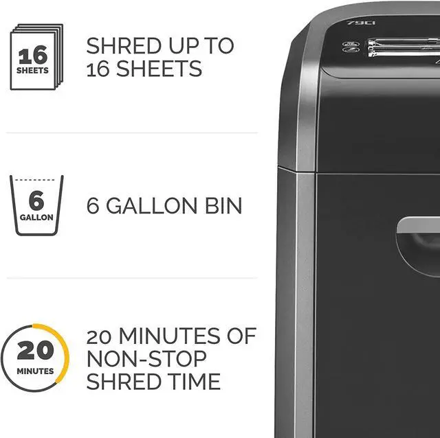 Alt view image 4 of 6 - Fellowes 3227901 Powershred 79Ci 100% Jam Proof Medium, Duty Cross, Cut Shredder, 16 Sheet Capacity, Black/Dark Silver