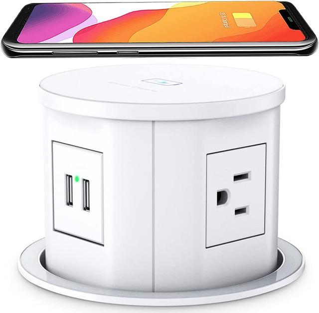 Automatic Pop up Outlet with 15W Wireless Charger, BTU Pop up Electrical  Outlets for Countertops,4.7'' Dia Round Pop Up Counter Outlet with 4 Outlets,2  USB,Hidden Outlet Pop Out Outlet (Black) 