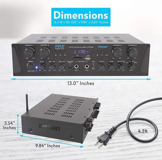 Alt view image 2 of 6 - 500W Karaoke Wireless Bluetooth Amplifier - 4 Channel Stereo Audio Home Theater Speaker Sound Power Receiver with AUX IN, FM, RCA Subwoofer Speakers OUT, USB, Microphone IN with Echo - Pyle PTA44BT