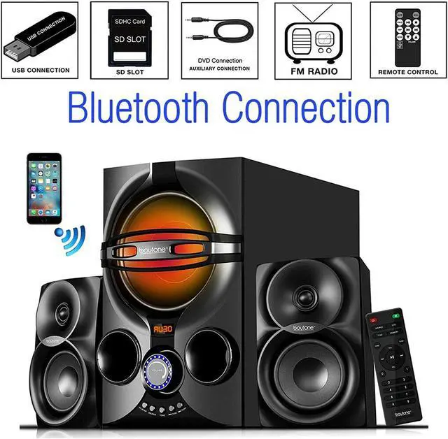 Alt view image 3 of 7 - Boytone BT-324F, 2.1 Bluetooth Powerful Home Theater Speaker Systems, with FM Radio, SD USB Ports, Digital Play Back, 40 Watts, RGB Light, Full Function Remote Control, Smartphone, Tablet