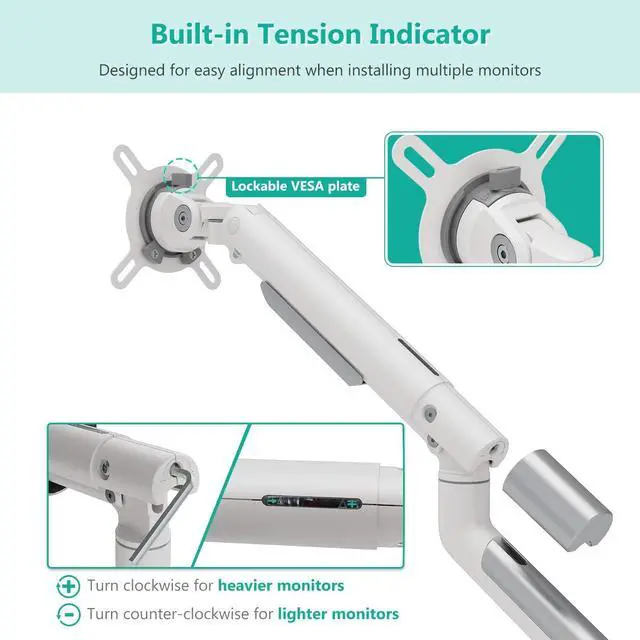 Alt view image 4 of 7 - Dual Monitor Stand White Arms VESA Mounts, for 2 Monitors, Mechanical Spring Tension Indicator Fully Adjustable Bracket, Up to 32 inch, 22lbs Weight Capacity (MATI002-W), White