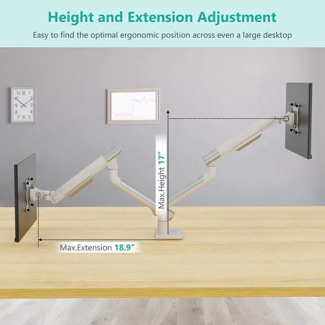 Alt view image 7 of 7 - Dual Monitor Stand White Arms VESA Mounts, for 2 Monitors, Mechanical Spring Tension Indicator Fully Adjustable Bracket, Up to 32 inch, 22lbs Weight Capacity (MATI002-W), White