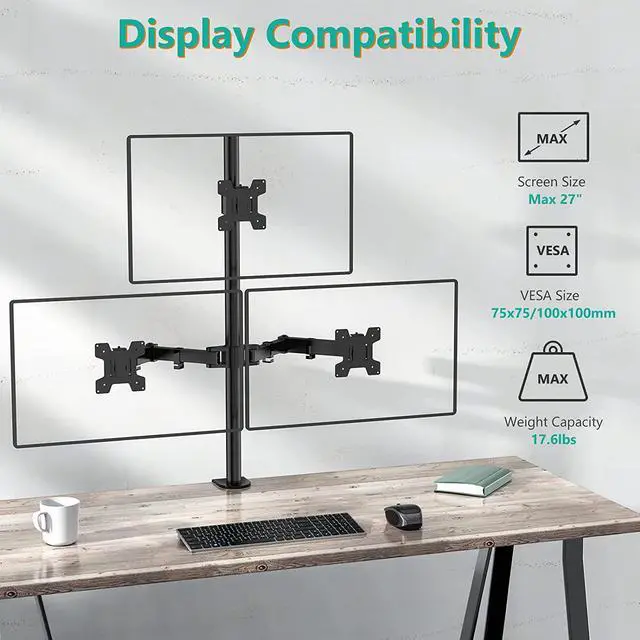 Alt view image 3 of 7 - Triple Monitor Stand, Fully Adjustable Three Monitor Desk Mount Fits 3 Screens up to 27 inch, 22 lbs. Weight Capacity per Arm (M003), Black