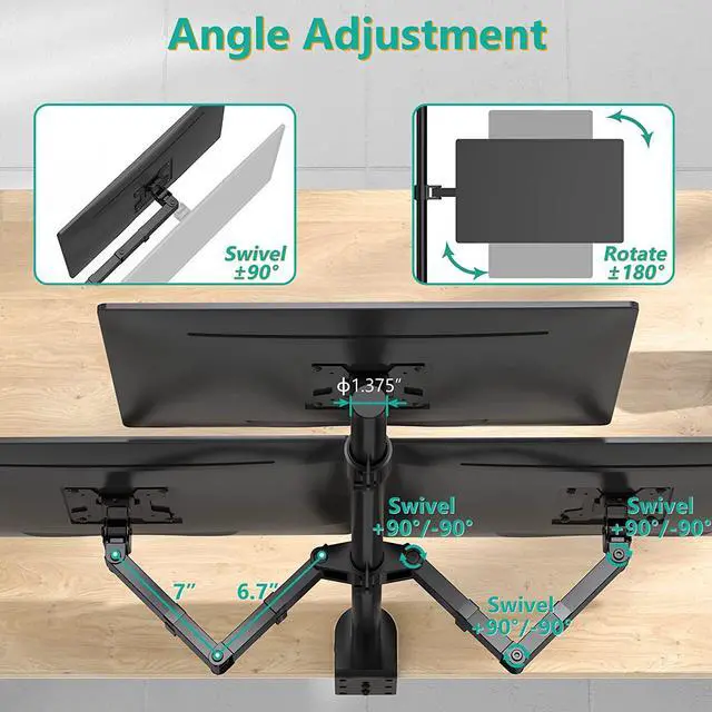 Alt view image 5 of 7 - Triple Monitor Stand, Fully Adjustable Three Monitor Desk Mount Fits 3 Screens up to 27 inch, 22 lbs. Weight Capacity per Arm (M003), Black