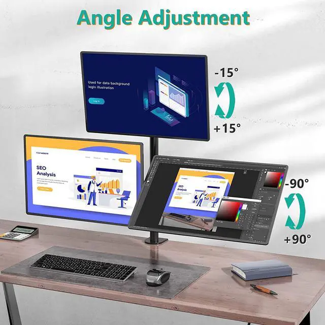 Alt view image 7 of 7 - Triple Monitor Stand, Fully Adjustable Three Monitor Desk Mount Fits 3 Screens up to 27 inch, 22 lbs. Weight Capacity per Arm (M003), Black