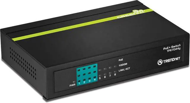 Main image of TRENDnet 8-Port Gigabit GREENnet PoE+ Switch,TPE-TG44G, 4 x Gigabit PoE/PoE+ Up to 30 Watts/Port, 4 x Gigabit, 61W Power Budget, 16 Gbps Switch Capacity, Ethernet Unmanaged Switch, Lifetime Protection