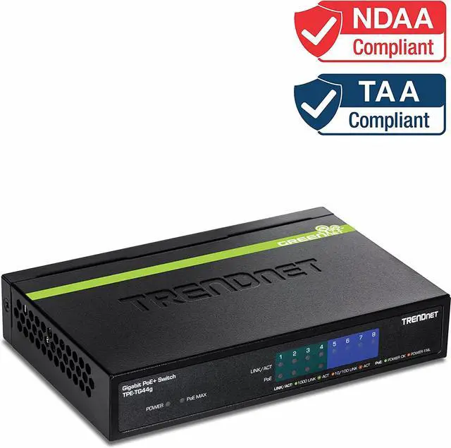 Alt view image 2 of 5 - TRENDnet 8-Port Gigabit GREENnet PoE+ Switch,TPE-TG44G, 4 x Gigabit PoE/PoE+ Up to 30 Watts/Port, 4 x Gigabit, 61W Power Budget, 16 Gbps Switch Capacity, Ethernet Unmanaged Switch, Lifetime Protection
