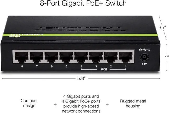 Alt view image 4 of 5 - TRENDnet 8-Port Gigabit GREENnet PoE+ Switch,TPE-TG44G, 4 x Gigabit PoE/PoE+ Up to 30 Watts/Port, 4 x Gigabit, 61W Power Budget, 16 Gbps Switch Capacity, Ethernet Unmanaged Switch, Lifetime Protection