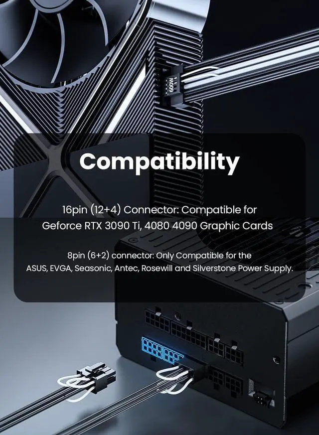 Alt view image 7 of 7 - PCIe 5.0 GPU Power Cable Sleeved 70cm, 16pin (12+4) 12VHPWR Connector for RTX 3090 Ti 4070Ti 4080 4090, 3x8pin(6+2) PCI-e Male Plugs Compatible for ASUS EVGA Seasonic Modular Power Supply