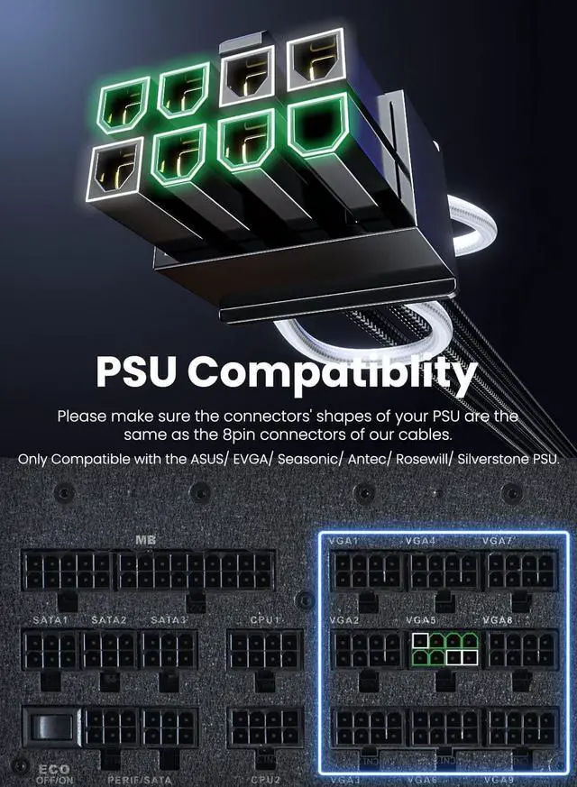 Alt view image 2 of 7 - PCIe 5.0 GPU Power Cable Sleeved 70cm, 16pin (12+4) 12VHPWR Connector for RTX 3090 Ti 4070Ti 4080 4090, 3x8pin(6+2) PCI-e Male Plugs Compatible for ASUS EVGA Seasonic Modular Power Supply