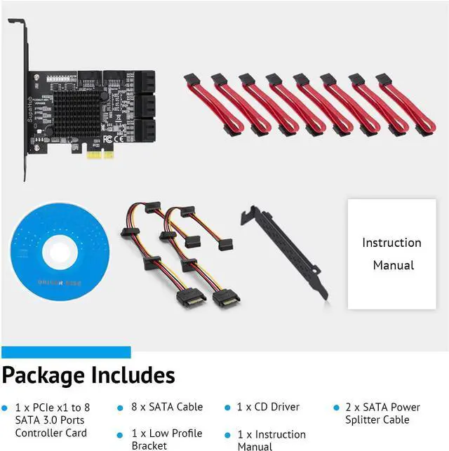 Alt view image 6 of 7 - SATA Card 8 Port, Non Raid SATA Expansion Card for SATA III 6G Hard Drives for Desktop, Includes 8 SATA Cables and 2 SATA Splitter Cables
Brand: SupaHub