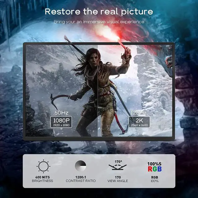 Alt view image 2 of 6 - AYY 2K Portable Monitor 16'' 120Hz Portable Gaming Monitor, 2560x1600 QHD Portable Travel Laptop Monitor IPS Computer External Second Screen USB C HDMI Monitor w/Smart Cover for PC MAC Xbox PS5/4