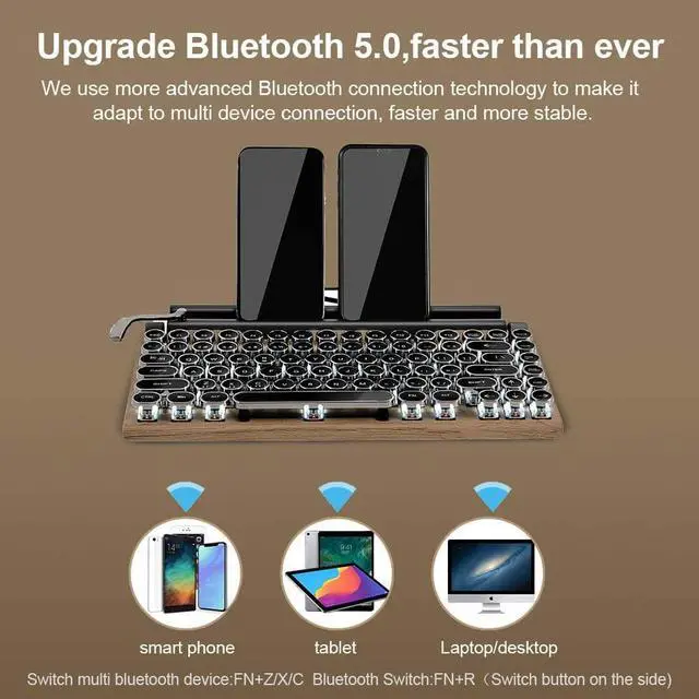 Alt view image 2 of 6 - Retro Typewriter Keyboard, Electric Typewriter Vintage with Upgraded Mechanical Bluetooth 5.0,Multi Devices Connection Classical Wooden,Punk Round Keys for Desktop PC/Laptop Mac/Phone