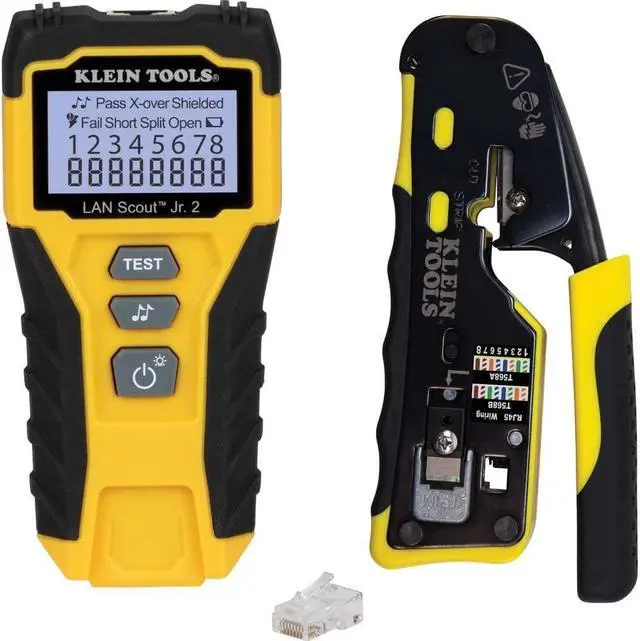 Main image of Klein Tools 80072 RJ45 Cable Tester Kit with LAN Scout Jr. 2, Coax Crimper / Stripper / Cutter Tool and Pass-Thru Modular Data Plug