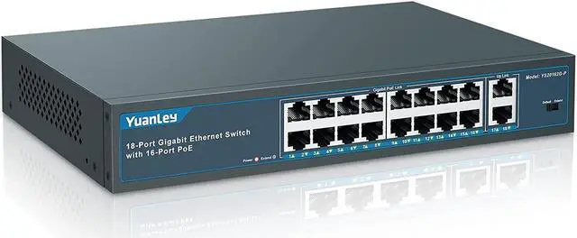 Main image of YuanLey 16 Port Gigabit PoE Switch with 2 Gigabit Uplink, 16 PoE+ Port 1000Mbps, 250W 802.3af/at, Metal Desktop/Rackmount, Unmanaged Plug and Play Network Switch