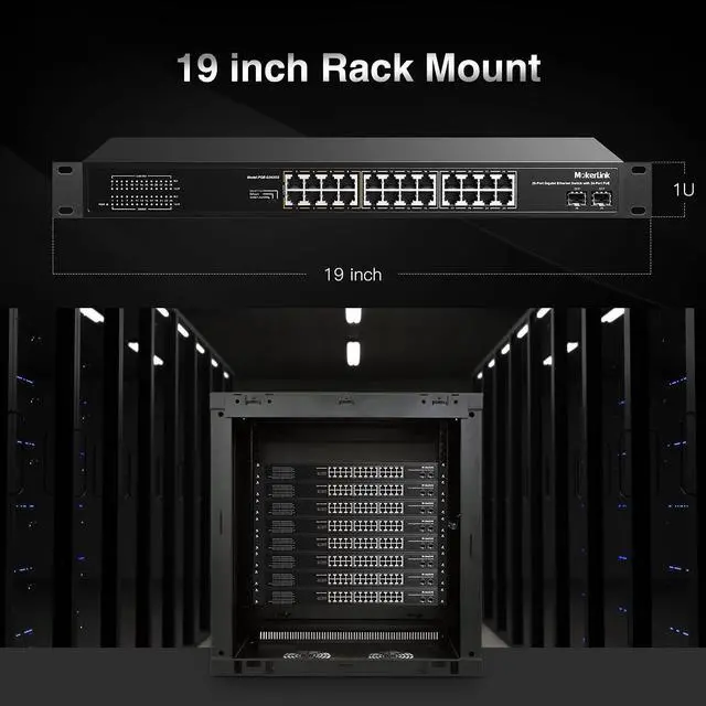 Alt view image 7 of 7 - MokerLink 26 Port Gigabit PoE Switch, 24 Gigabit PoE+ Ports, 2 Gigabit SFP Uplink, 300W IEEE802.3af/at, Fanless Rackmount Unmanaged Plug and Play Ethernet Switch