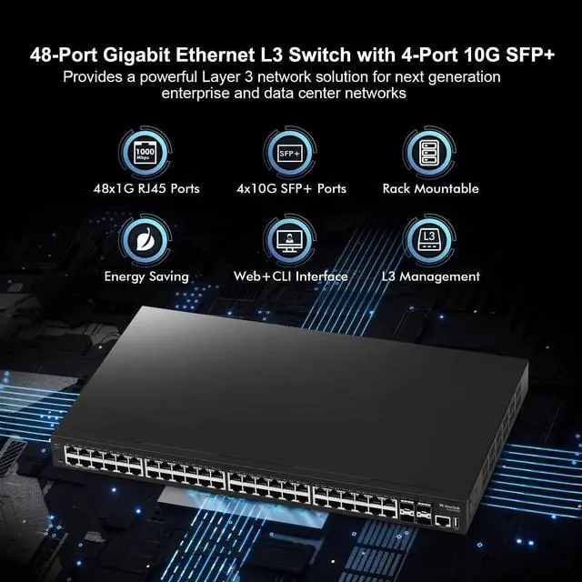 Alt view image 2 of 7 - MokerLink 48 Port Gigabit Managed Switch, 48 Port GE, 4x10G SFP+, 1 Console Port, 1 USB Port, L3 Smart Managed, Rackmount , DHCP QoS Vlan IGMP and Static Routing