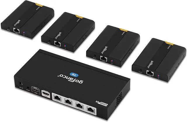 Main image of gofanco 1x4 HDMI 2.0 Extender Splitter 4K 60Hz Over Cat6/Cat7 Ethernet Cable with HDMI Local Loopout, HDCP 2.2, 4K 60Hz YUV 4:4:4, HDR, IR Extension (1 in 4 Out / 4-Port)