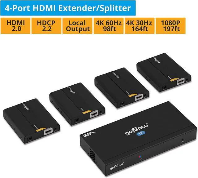 Alt view image 3 of 7 - gofanco 1x4 HDMI 2.0 Extender Splitter 4K 60Hz Over Cat6/Cat7 Ethernet Cable with HDMI Local Loopout, HDCP 2.2, 4K 60Hz YUV 4:4:4, HDR, IR Extension (1 in 4 Out / 4-Port)