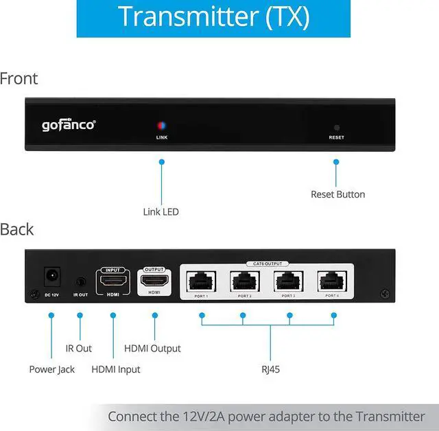 Alt view image 4 of 7 - gofanco 1x4 HDMI 2.0 Extender Splitter 4K 60Hz Over Cat6/Cat7 Ethernet Cable with HDMI Local Loopout, HDCP 2.2, 4K 60Hz YUV 4:4:4, HDR, IR Extension (1 in 4 Out / 4-Port)