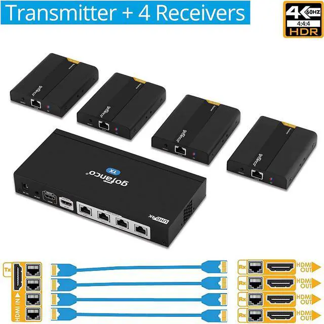 Alt view image 2 of 7 - gofanco 1x4 HDMI 2.0 Extender Splitter 4K 60Hz Over Cat6/Cat7 Ethernet Cable with HDMI Local Loopout, HDCP 2.2, 4K 60Hz YUV 4:4:4, HDR, IR Extension (1 in 4 Out / 4-Port)